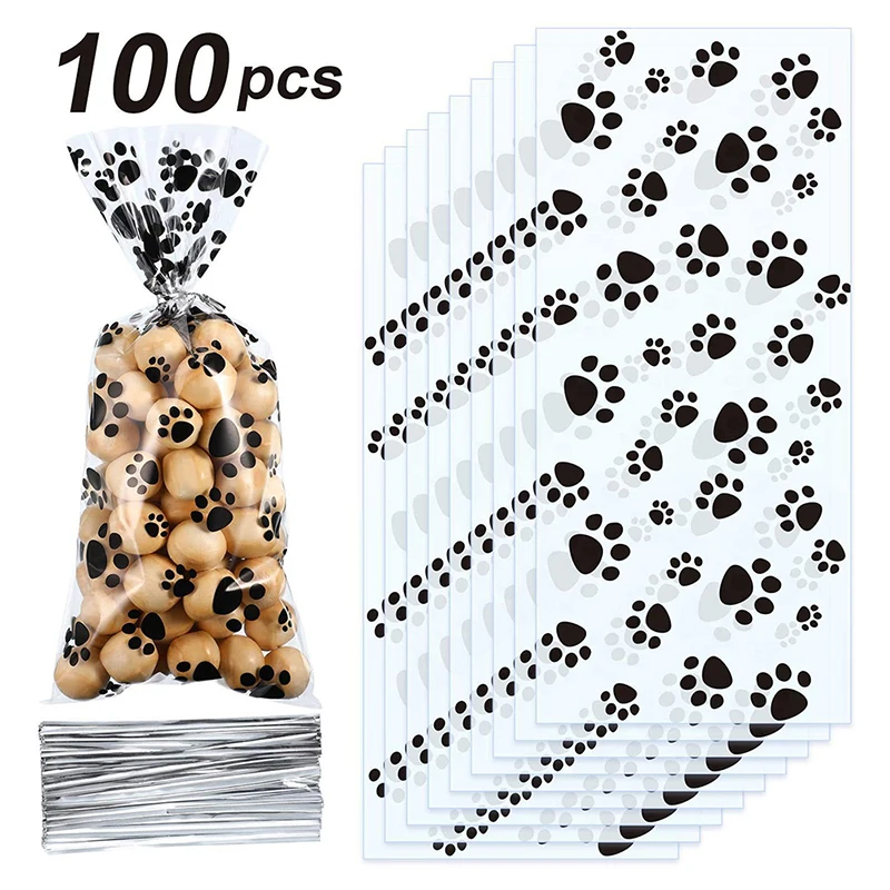 

100PCS Pet Paw Print Cand andCookie Plastic Bags Self-Adhesive For DIY Biscuits Snack Baking Package Decor Kids Gift Supplies