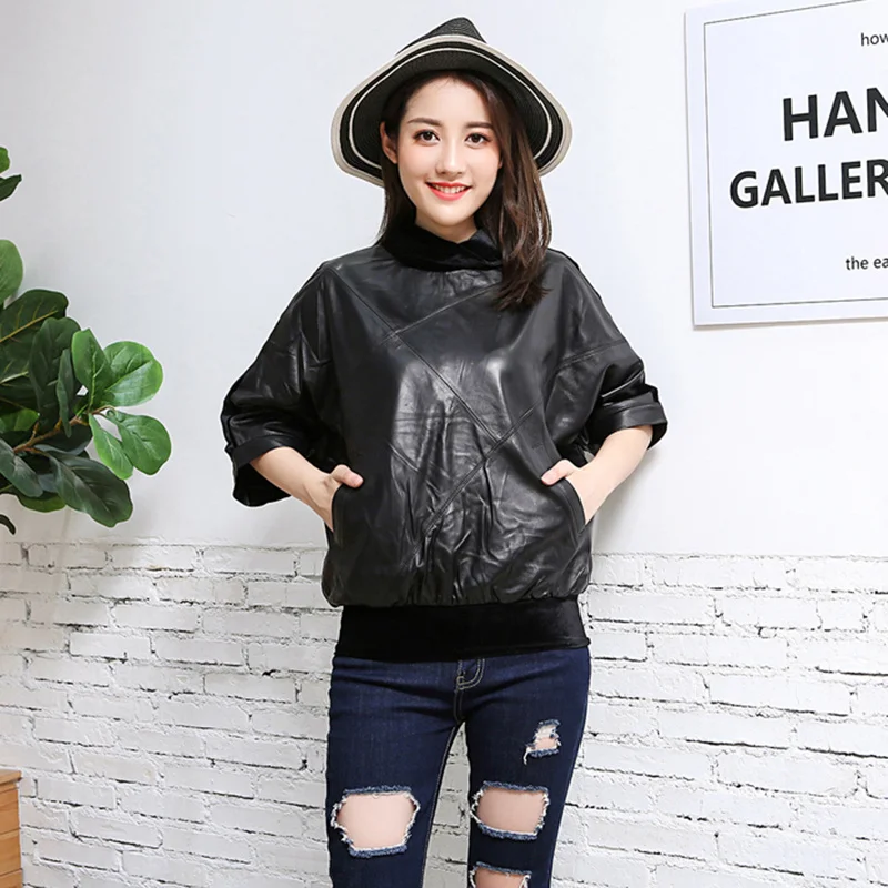Genuine Leather Spliced Women Cotton Oversized Loose Pullover Jacket Batwing Sleeve Real Leather Baggy Coat Female Clothes