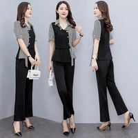 real shot 2022 summer new womens sets high end shirts stitching tops slim two piece suit ladies