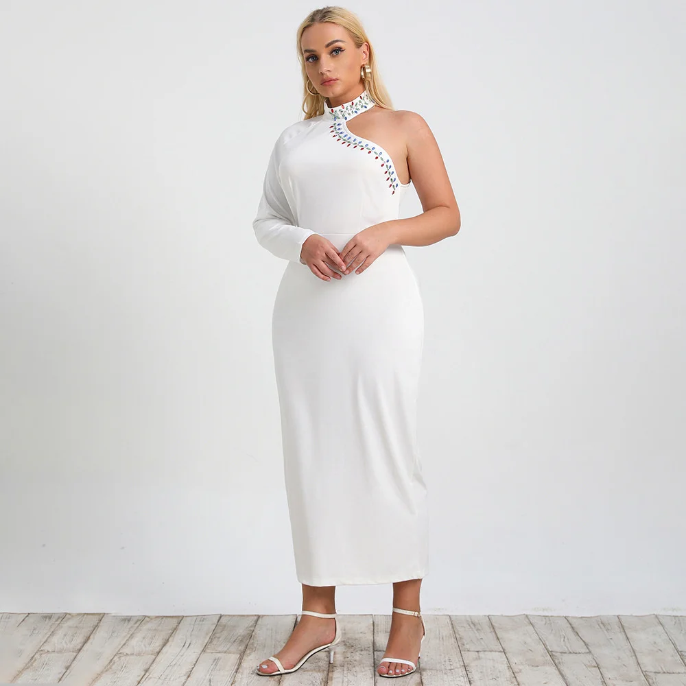 

Plus size new style temperament elegant slim dress one-step Autumn skirt thin white round neck large women's dress