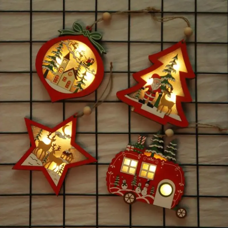 Creative Led Light Christmas Tree Hanging Pendant Star Car Heart Wooden Ornament Christmas Xmas Party New Year Decoration