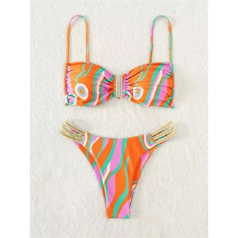 

Сексуальное бикини с U-образным вырезом и эффектом пуш-ап, Женский плиссированный купальник с лямкой на шее, с цветочным принтом, микро купал...