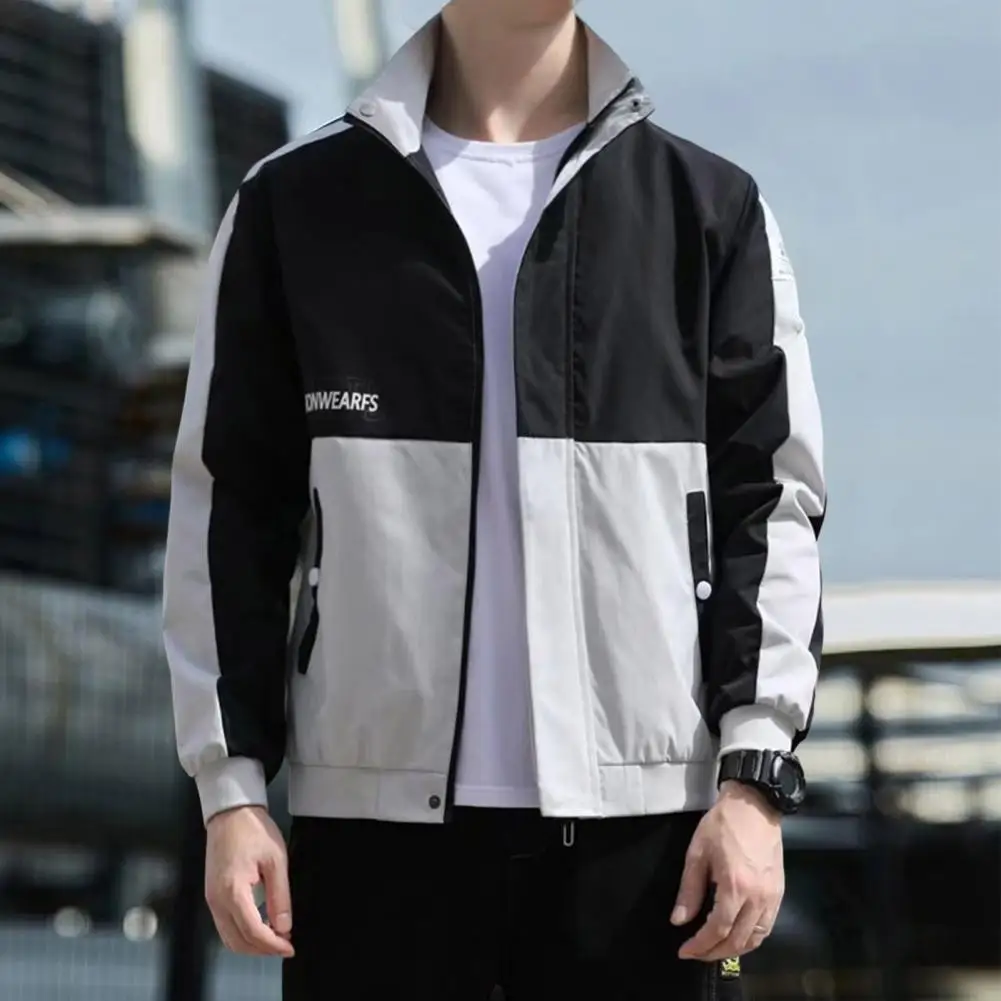 

Men Jacket Waterproof Stand Collar Long Sleeve Zipper Decoration Pockets Streetwear Color Matching Spring Autumn Windbreaker Coa