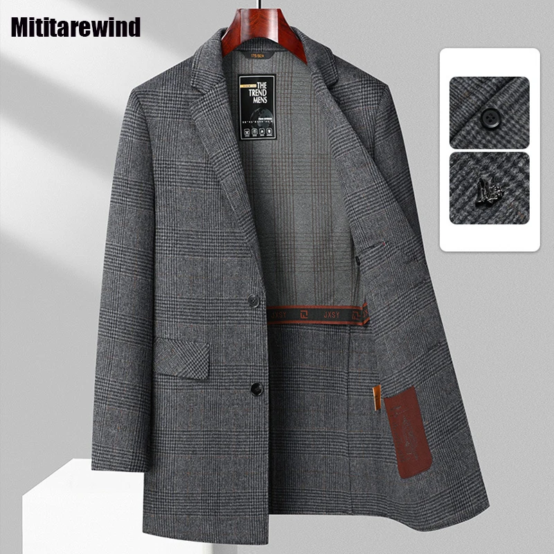 

Fall Winter Jackets Men Smart Casual Mid Long Handmade Double-sided Woolen Coats Suit Collar Plaid 50% Wool Blends Coat Fashion