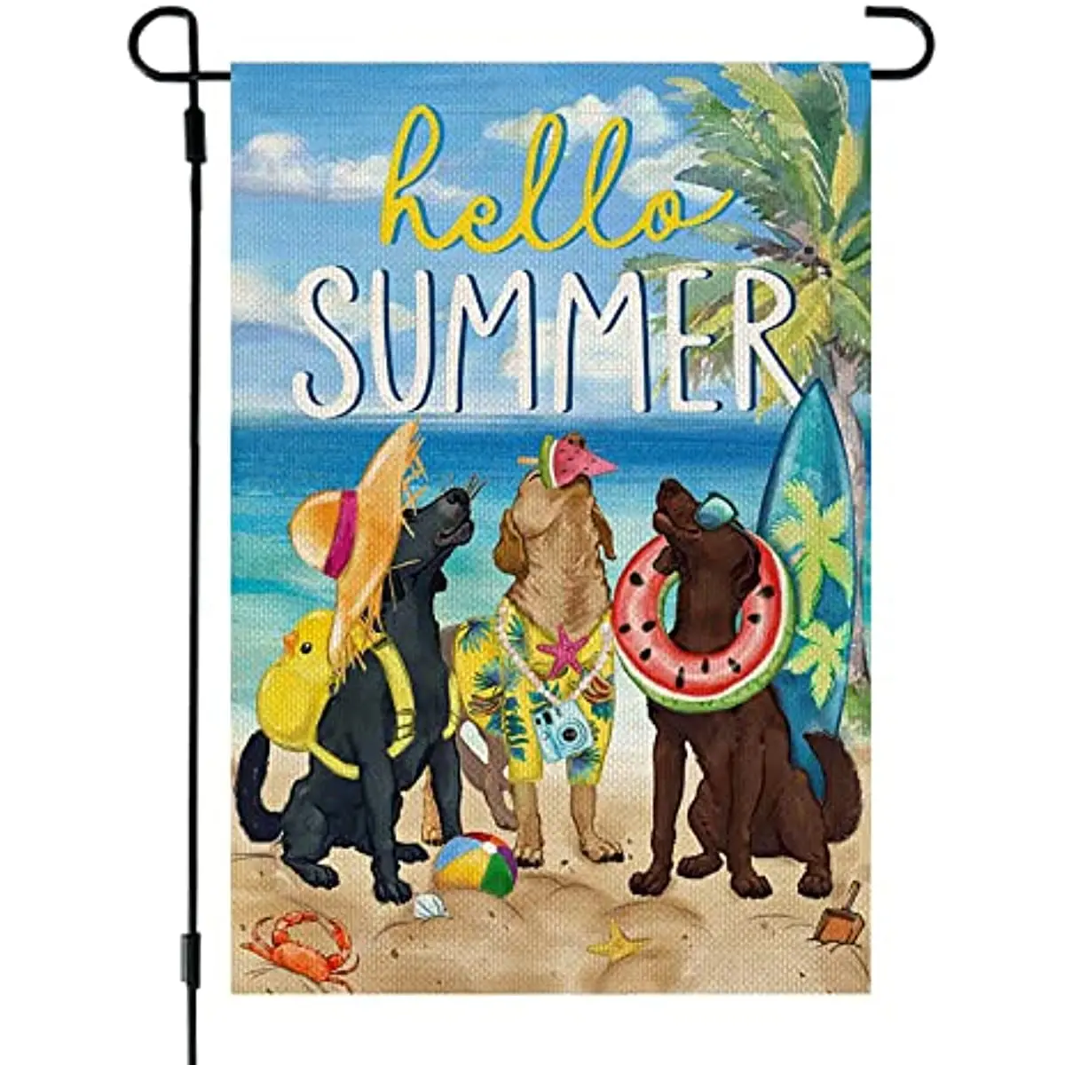 

Hello Summer Beach Dogs Garden Flag 12x18 Inch Double Sided for Outside Welcome Burlap Small Yard Seasonal Decoration