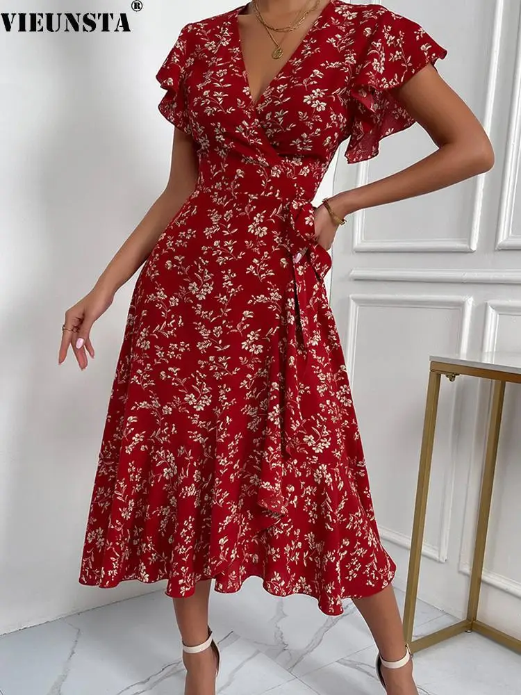 

2022 Spring Floral Print Boho Long Dress Women Sexy Butterfly Sleeveless Slit Party Dress New Summer High Slit Belted Maxi Dress