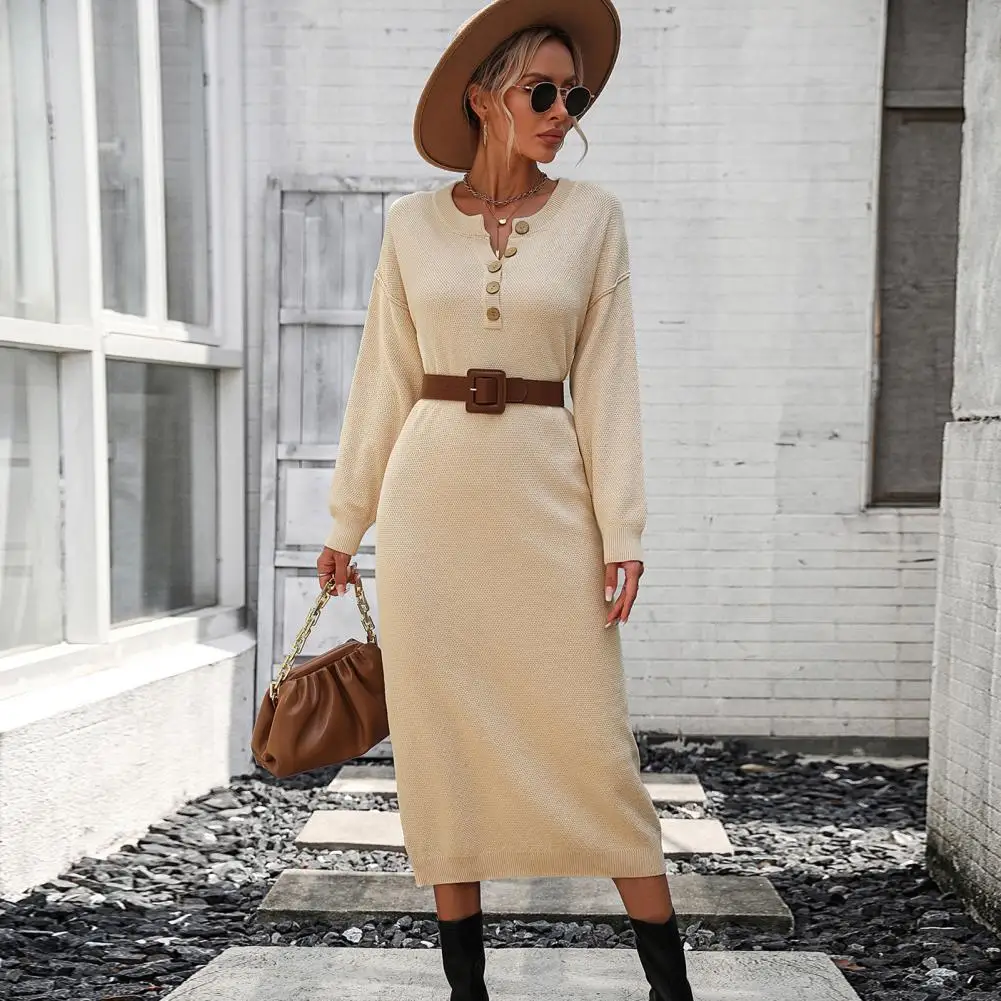 

Women Dress Chic Knitted Midi Dresses for Women Soft Slim-fit for Fall Winter with Round Neckline Button Detailing Crew Neck