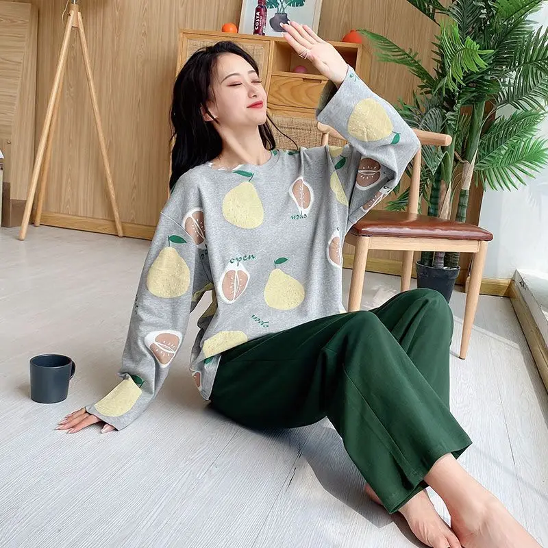 Pajamas Women's Spring and Autumn Cotton Long Sleeves Korean Version Loose Large Size Fat Sister Plus Fat Plus Wearable Suit