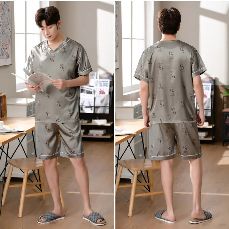 Pajamas for Men Summer V-neck Short-sleeved Pijama Simple Casual Home Wear Plus Size Sleepwear Two-piece Ice Silk Man Pajama