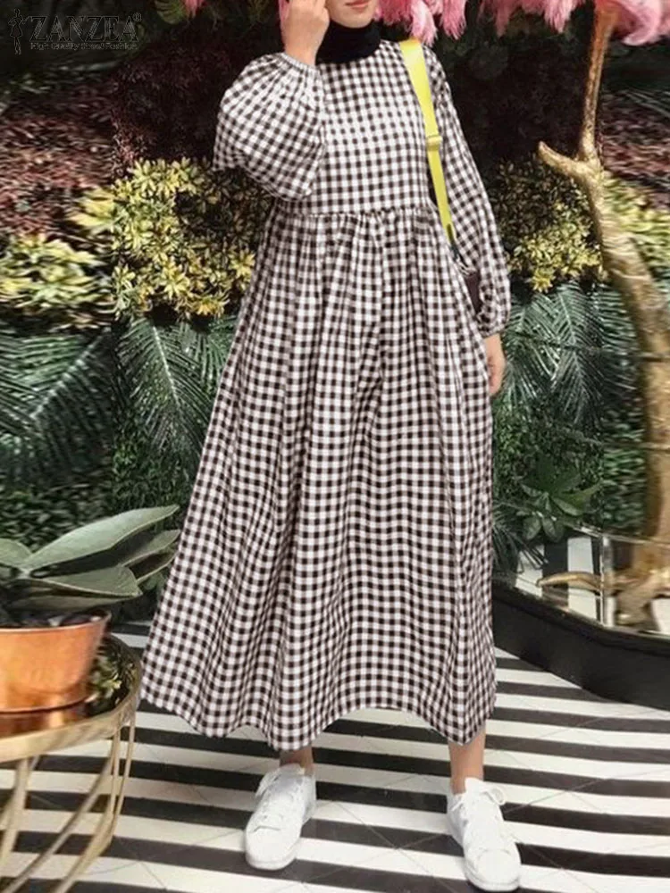 

Женское Повседневное платье миди ZANZEA Eid Mubarek Рамадан с длинным рукавом и круглым вырезом, мусульманское платье, винтажный осенний клетчатый сарафан