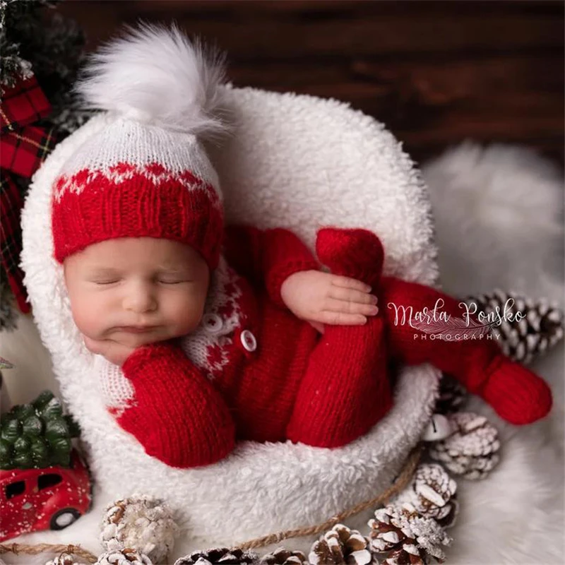 Dvotinst Newborn Baby Photography Props Knit Christmas Red Santa Clause Hat Romper 2pcs Outfits Set Studio Shooting Photo Props
