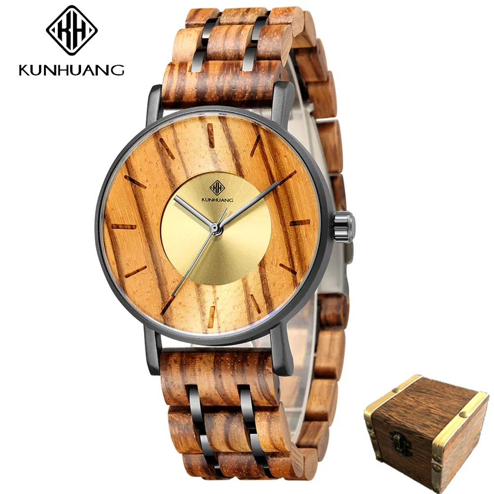 

Часы наручные Kunhuang KH3002 Мужские кварцевые, роскошные Брендовые спортивные водонепроницаемые до 30 м, с деревянным ремешком