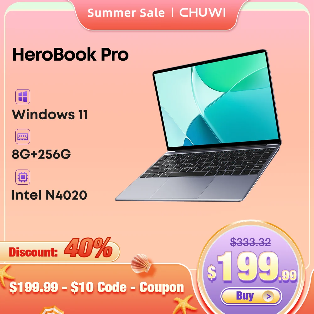 CHUWI HeroBook Pro Windows 11 Laptop 14.1-inch FHD Display Intel Celeorn N4020 CPU LPDDR4 8GB 256GB SSD 38Wh Computer PC