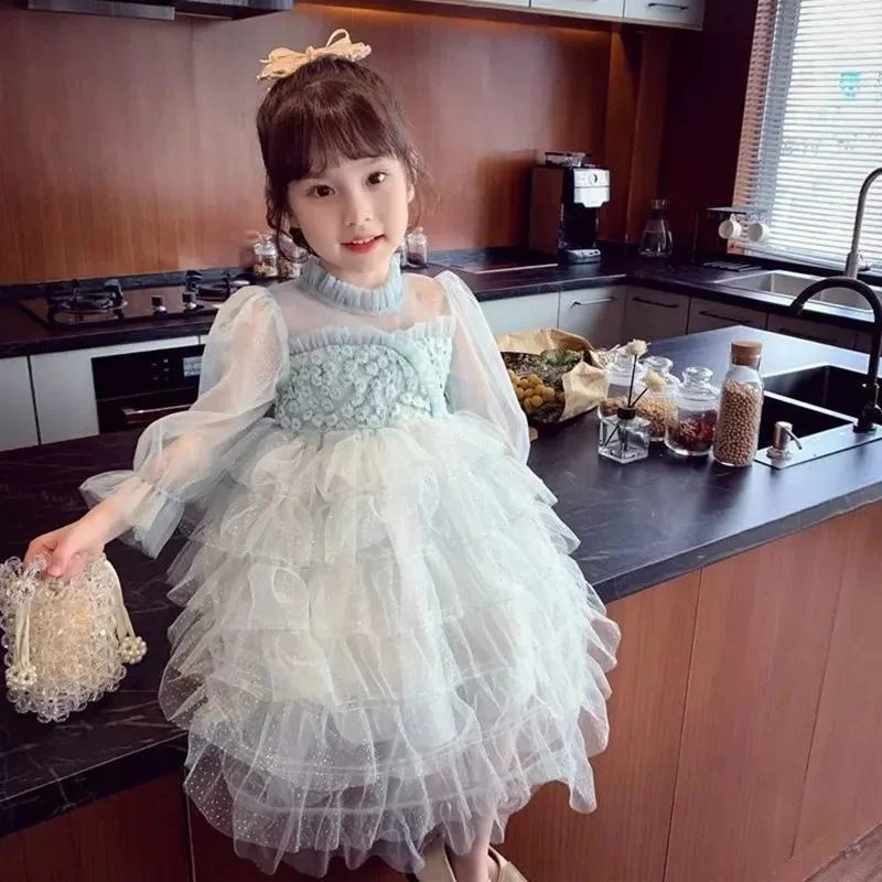 

Girls' Dress New 2022 Spring And Summer Lace Children's Clothing Mesh Puffy Cake Wedding Dress Princess Solid Flower Dress