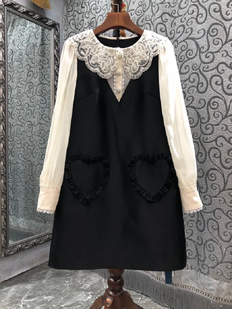 

One Piece Dress 2022 Autumn Winter Women Peter Pan Collar Lace Embroidery Deco Long Sleeve Casual Party Vintage Dress Runway