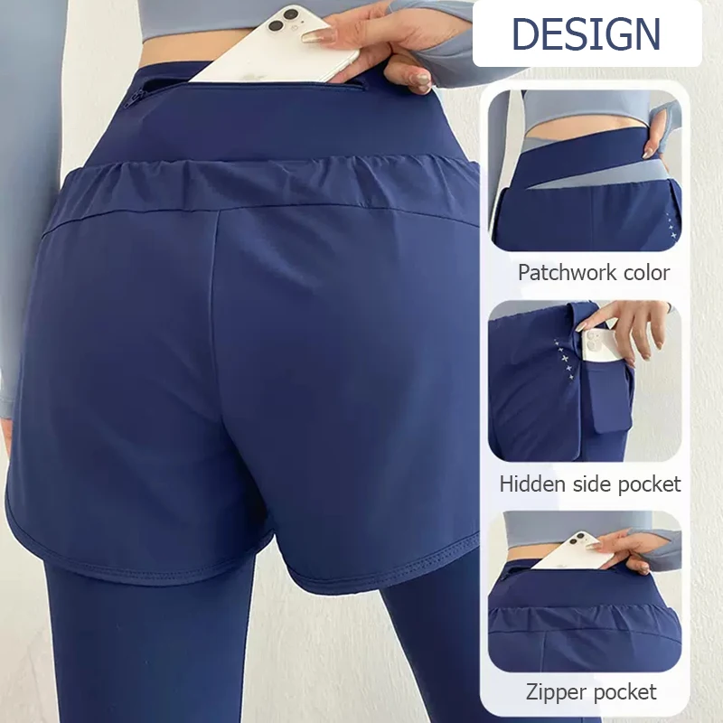 F.DYRAA Women's Gym Leggings Elastic High Waist Fake Two Pieces Yoga Pants With Zipper Pockets Sportswear Woman Gym Yoga Wear