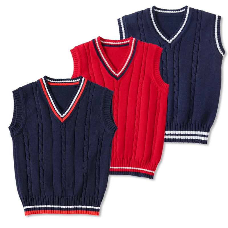 

Boys Girls Cable Knit Sweater Vest Spring Autumn Winter Cotton Sweaters All-match V-Neck Pullover Casual Students Sleeveless Top
