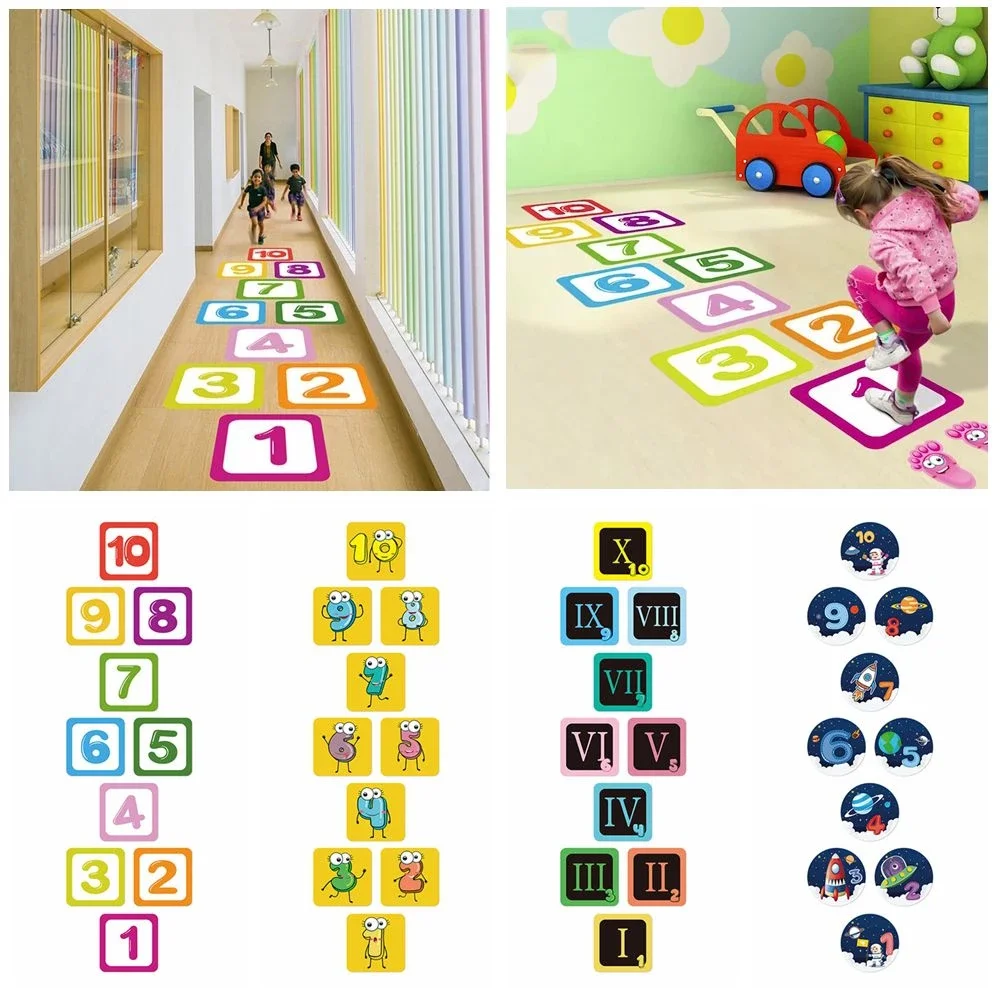 

1-10 Numeral Floor Stickers Hopscotch Game For Kids Cartoon Number Grids Floor Stickers Parent-child Gift Interactive Floor Game