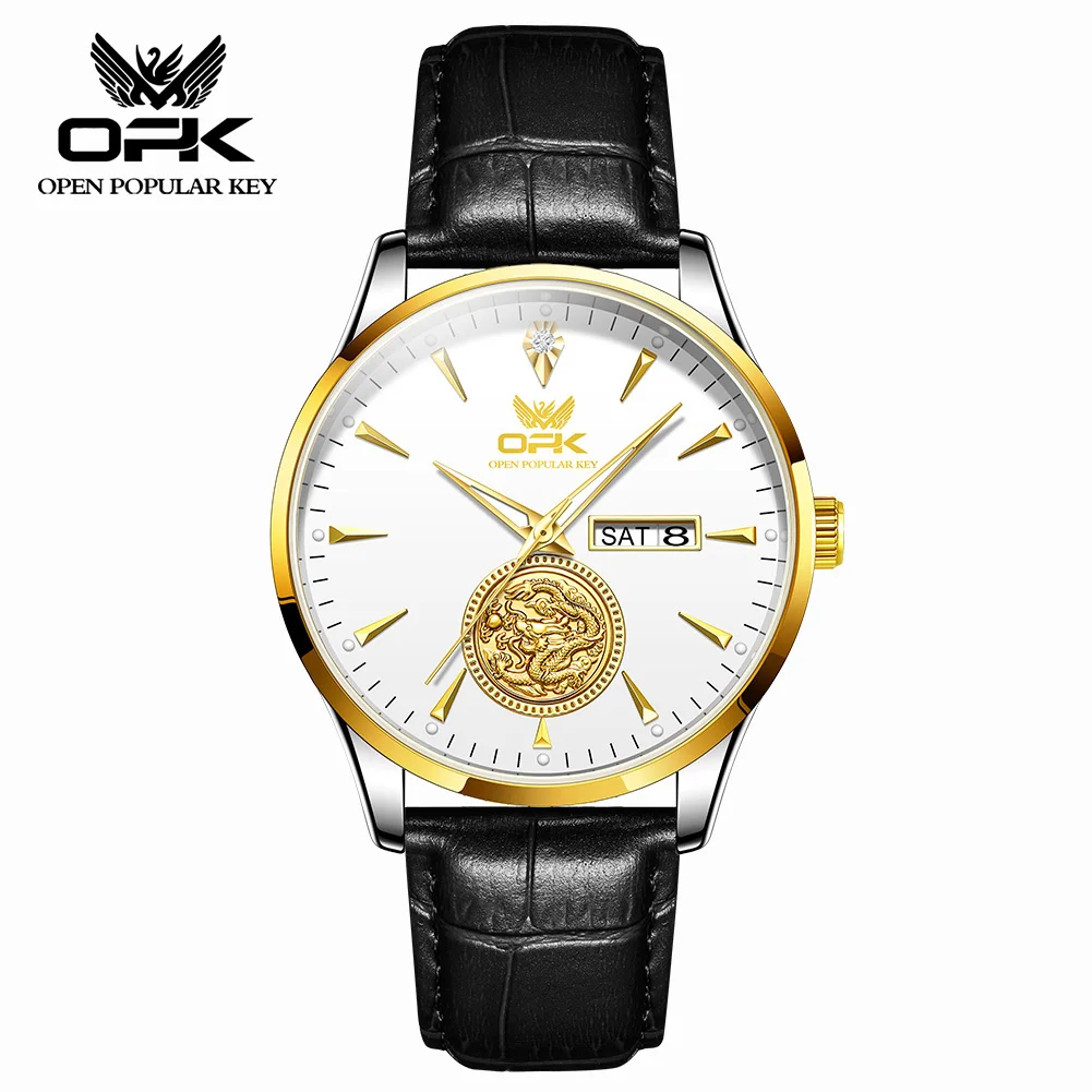 

OPK Classical Men Watch Original Quartz Waterproof Luminous Calendar Week Display Man Wristwatch Leather Strap Watches For Men