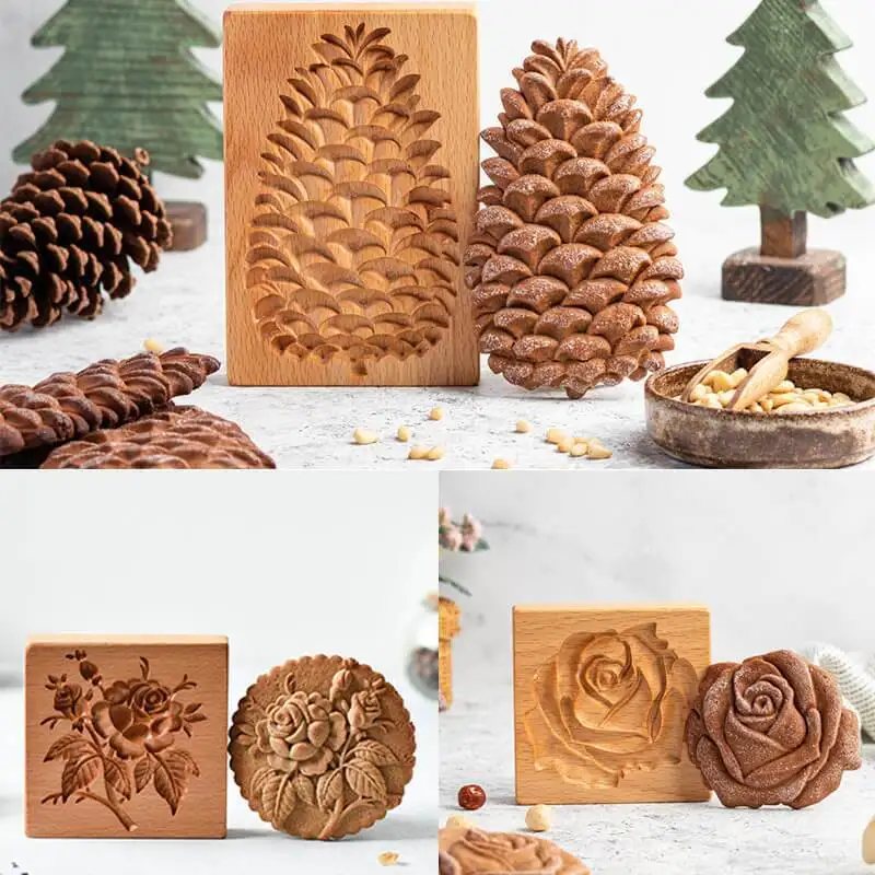 Wooden Cookie Mold Cutter Wooden Gingerbread Cookie Moulds Press 3D Cake Embossing Baking Mold Rose Flower Cutter Bakery Gadgets