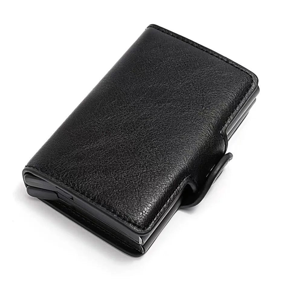 New Leather Solid Color Automatic Snap Card Bag Shielded Anti Theft Brush Wallet Aluminum Alloy Card Box Card Sleeve