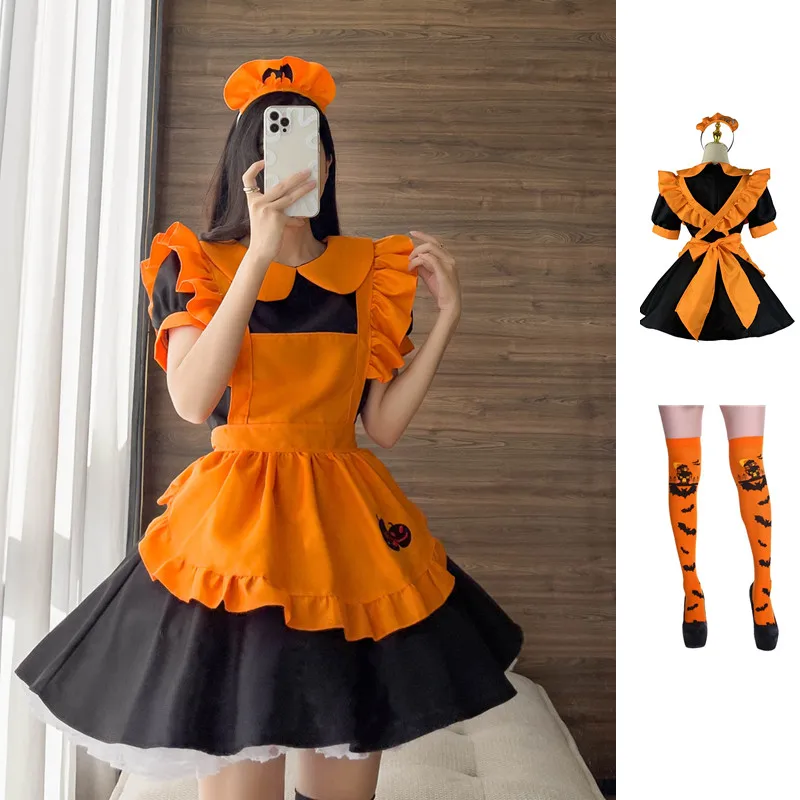 

Костюм горничной из аниме на Хэллоуин с вышивкой в виде тыквы, Волшебная ведьма, летучая мышь, костюм вампира на день рождения и выпускной ве...