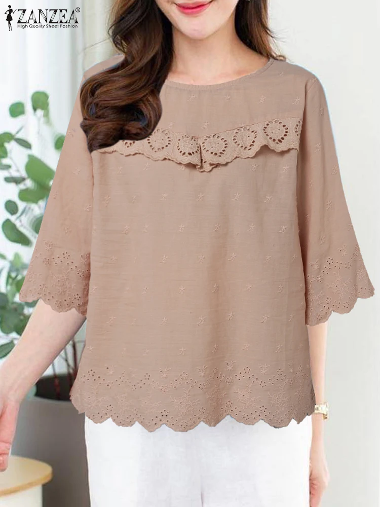 ZANZEA модные блузки с вышивкой 2024 осенние однотонные кружевной отделкой свободные