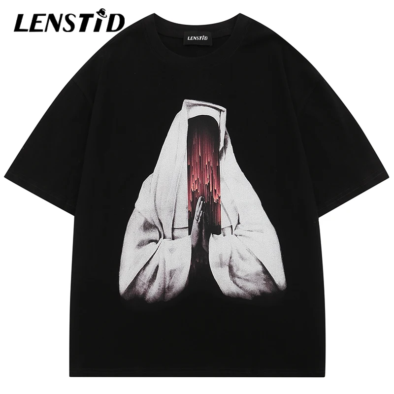 

Summer Men Oversized Tshirts Hip Hop Pray Graphic Print T Shirts Punk Gothic Streetwear Harajuku Casual Loose Cotton Tops Tees