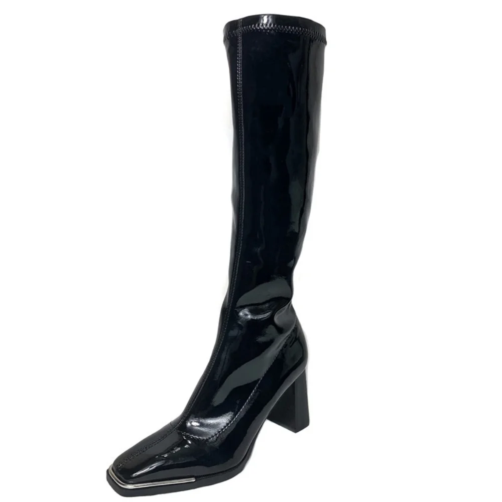 

High Heel Women Long Boots High Quality Leather Patent Leather Ladies Zip Knight Boots Fashion High Heel Knee-high Boots