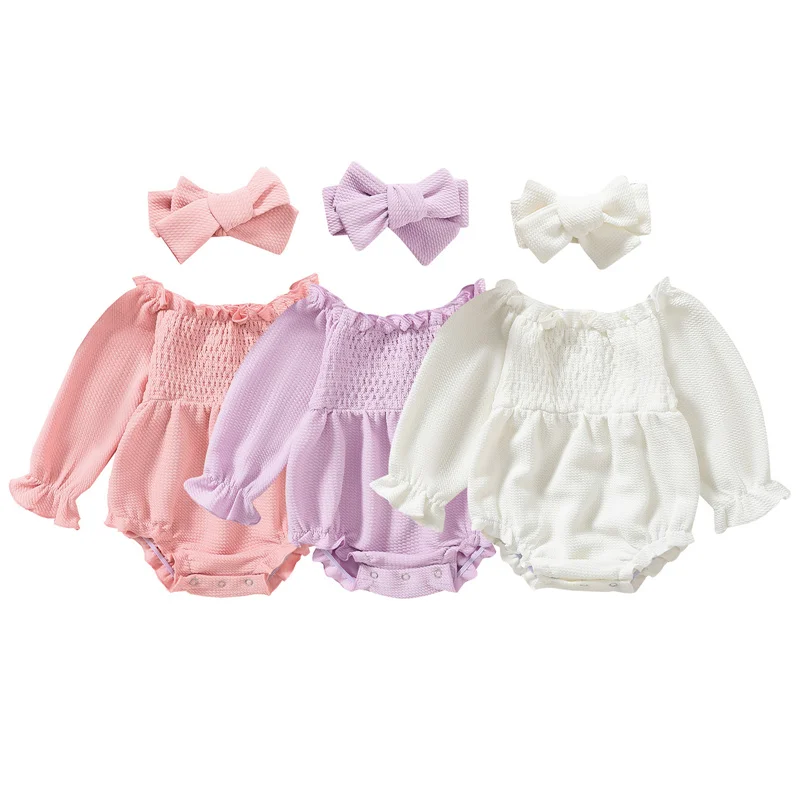 

Newborn Baby Girls Romper Solid Color Off Shoulder Long Sleeve Pleated Romper with Hairband