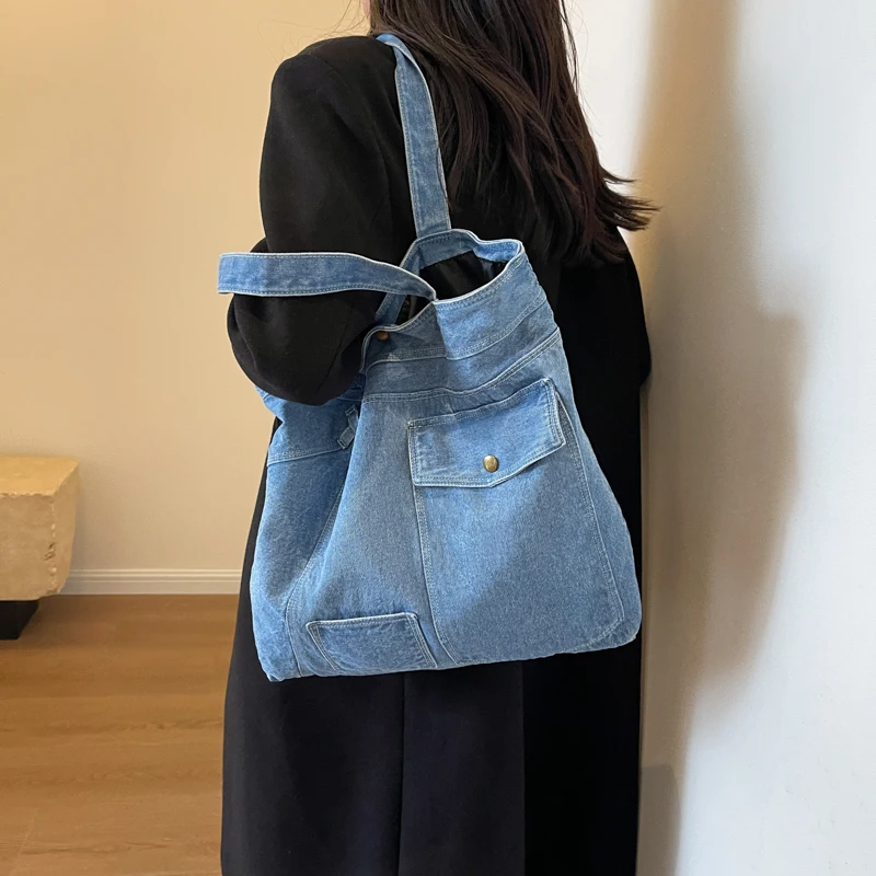 

2023 New Style Women Denim Shoulder Bags Daily Cute Tote Multi-function High Compacity Leisure Soft Surface Students Handbags