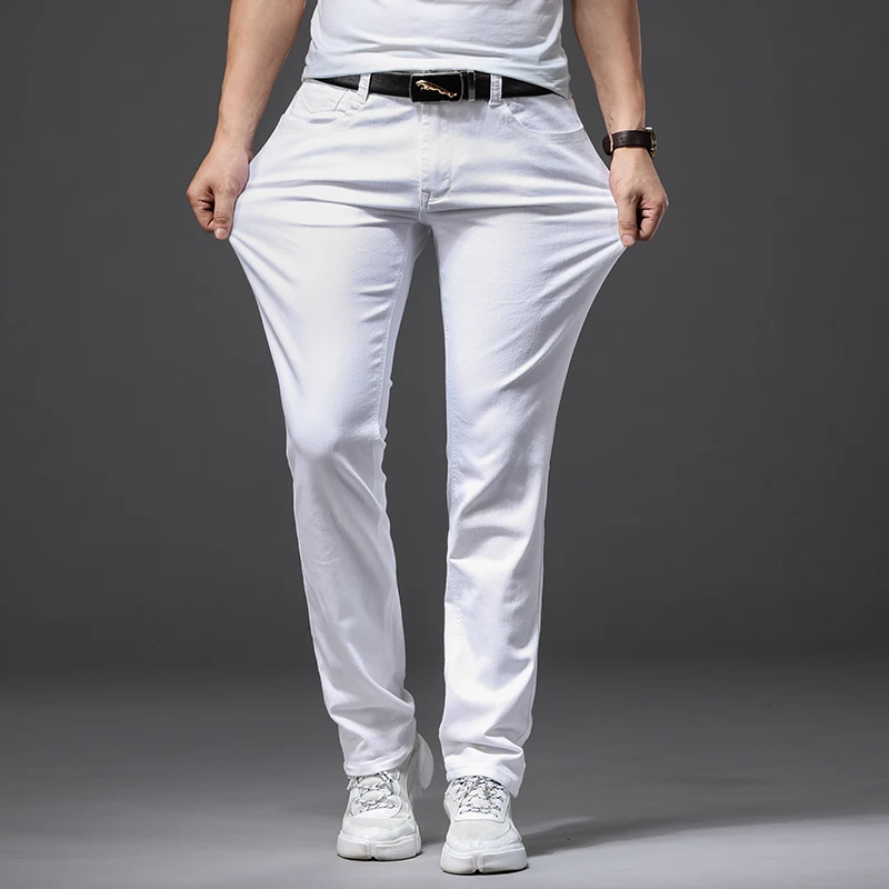 

Новинка Весна 2022, мужские эластичные белые джинсы, классический стиль, облегающие мягкие брюки, мужские брендовые деловые повседневные брюки