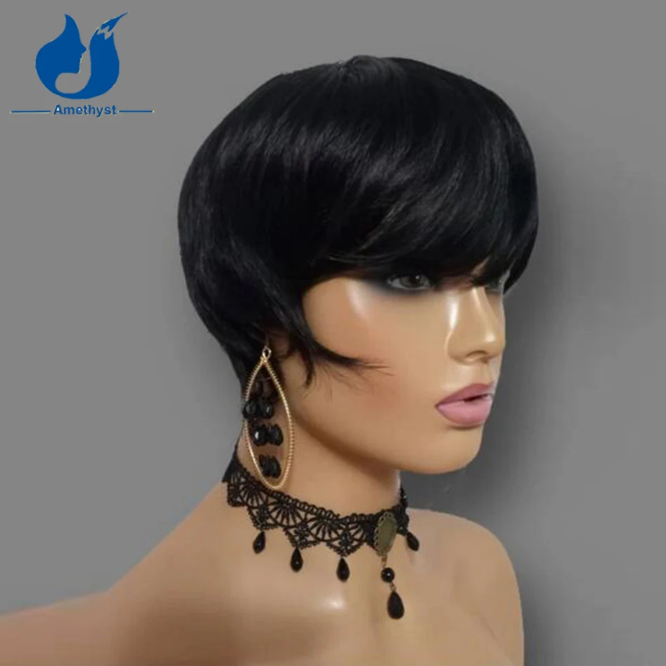 Amethyst Short Pixie Cut Wig Human Hair For Black Women Brazilian Remy Machine Made Wigs With Bangs Glueless Human Hair Wigs