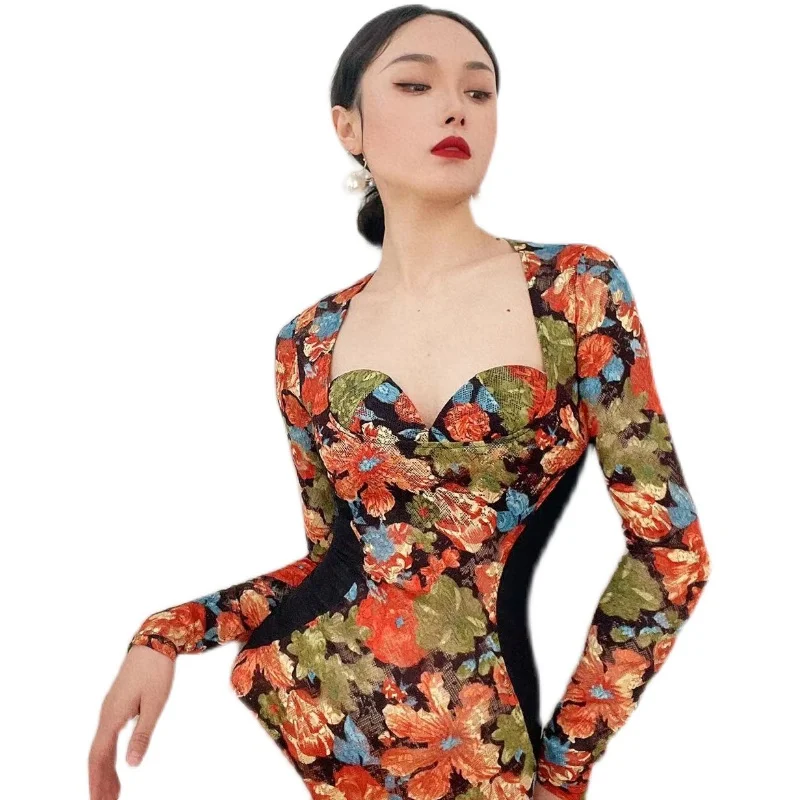 Lace Stretch One-Piece Retro Color Stretch Jumpsuit Dance Travel