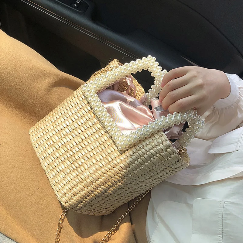 

2020 New Pearl Fashion Straw Bag Hand-Woven Shoulder Bag Seaside Vacation Designer Handbag Famous Brand Women Bags