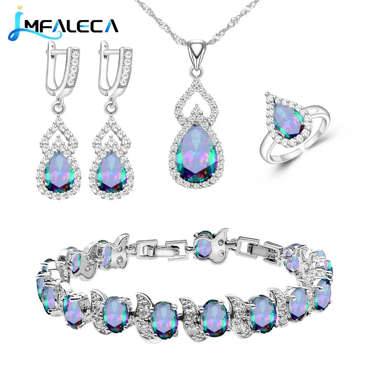 

Natural Rainbow Jewelry Sets 925 Sterling Silver Stone Wedding Earrings for Women Bracelet Necklace Adjutable Rings Set Gift Box