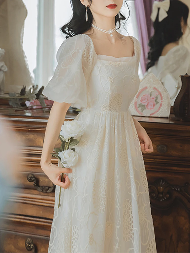 Lychee soda French skirt bubble sleeve square neck dress for women 2021 limited price pure white lace Printed Dress |