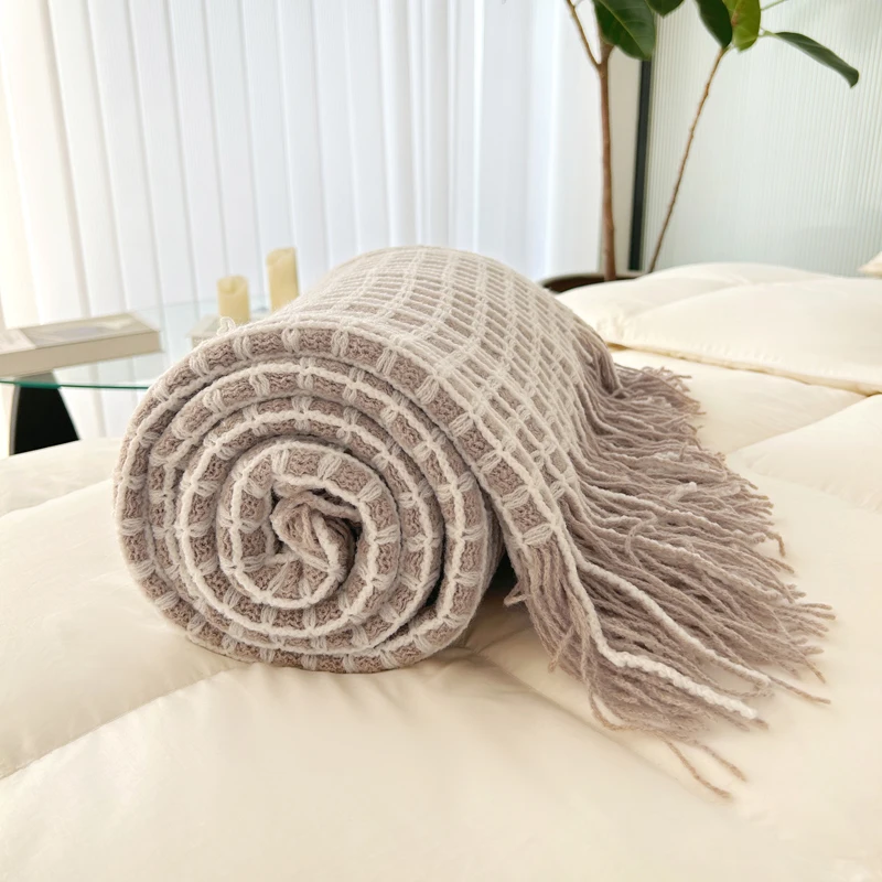 Вязаное одеяло для кровати с Вафельной нитью и кисточкой пикника