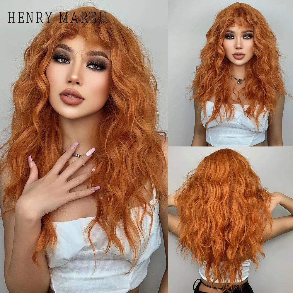 HENRY MARGU-peluca sintética amarilla de cobre y jengibre rojo para mujer, pelo largo y rizado con flequillo, fiesta de Cosplay, resistente al calor