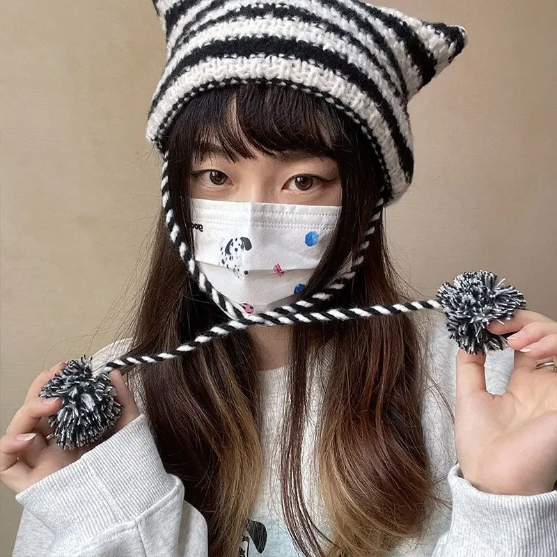 

Y2K Beanie Hat Ins Little Devil Striped Knitted Wool Pom Pom Cap Autumn and Winter Cute Cat Ears Pointed Pullover Women's Hats