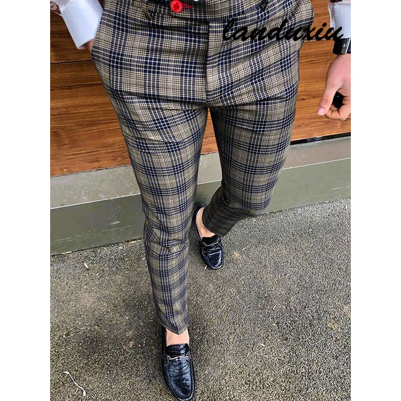 

2022 New Men's Pants Smart Fashion Men's Clothing Plaid Pencil Thin Mid Waist Jogger Casual Trousers Pants For Men landuxiu