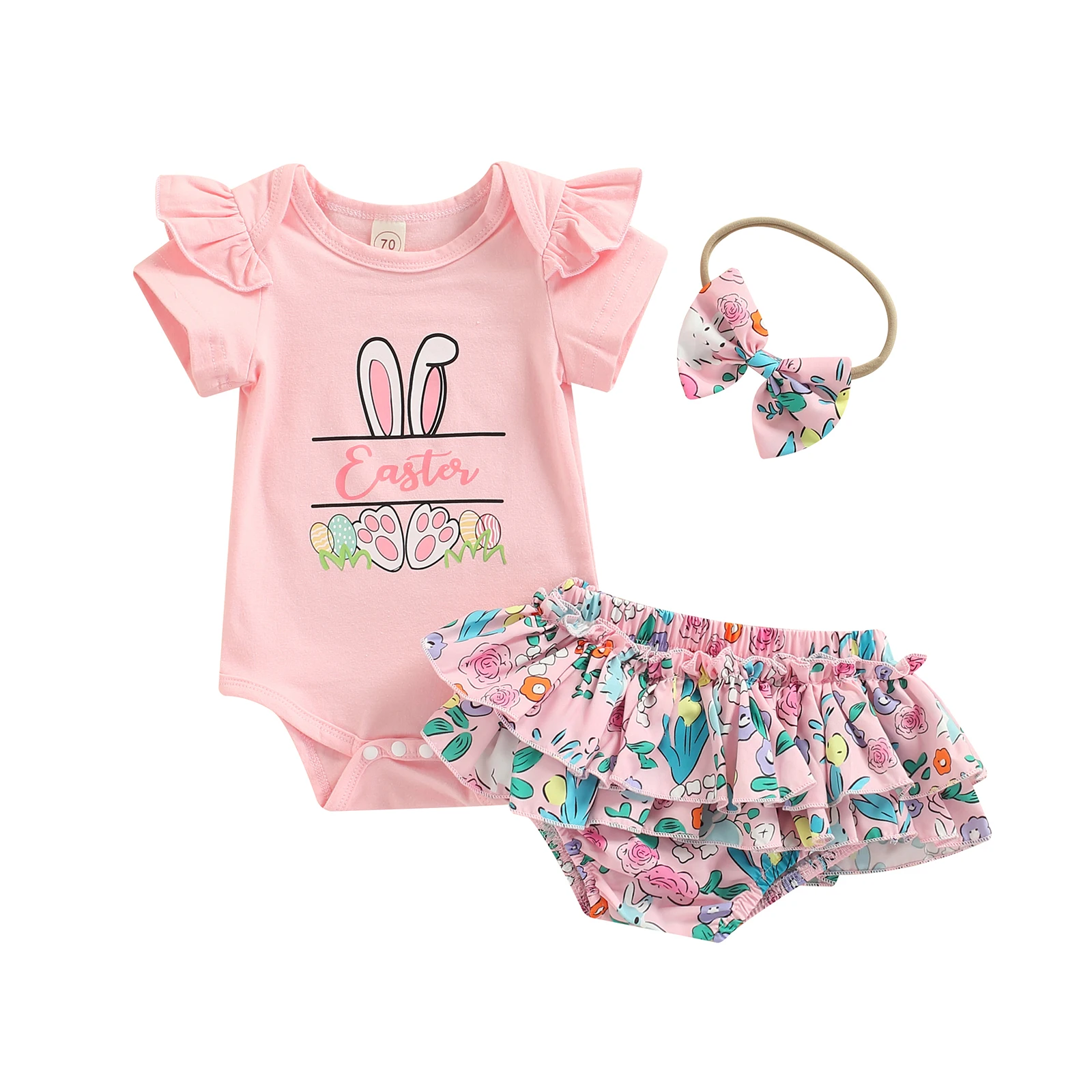 

Lovely Baby Girls Shorts Set Round Neck Short Sleeve Easter Rabbit Button Crotch Bodysuit Multi Layer Skirts Shorts Hairband