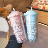 new rainbow simple plastic water bottle micro landscape goddess double layer portable leak proof sealed straw cup gift