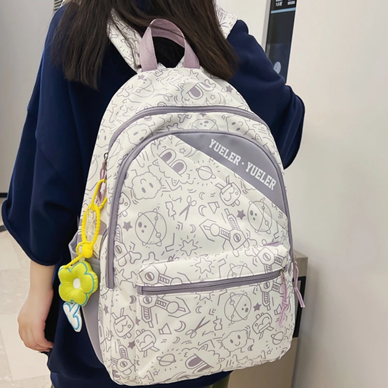 

EST Girls Print Large Waterproof Nylon School Backpack Female Shoulders Patchwork Letters Schoolbag Women Fashion Bolsa Mochilas