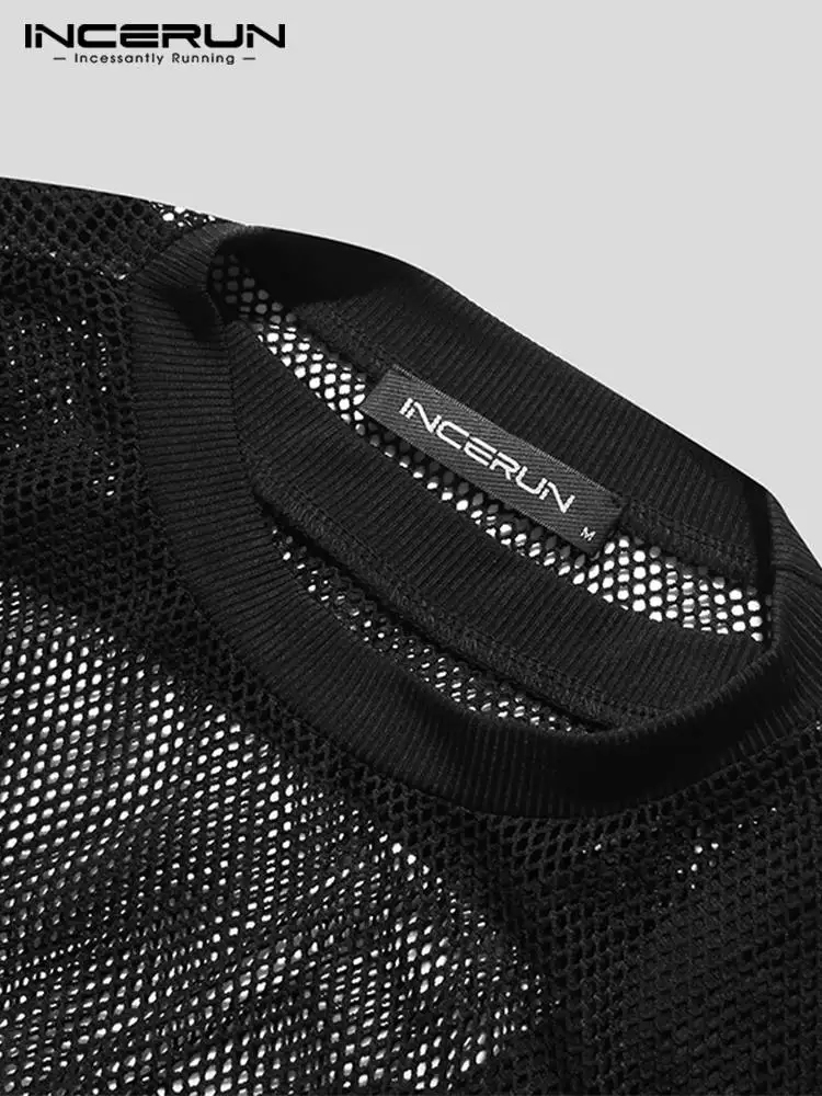 INCERUN Men's Skinny Stretch Jumpsuits Fashion Male Solid Party Shows Long Sleeved Comfortable Mesh Hollow Out Romper S-5XL 2022