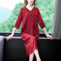women red floral mulberry silk v neck sexy maxi dress summer black korean vintage hepburn dress 2022 bodycon elegant casual robe