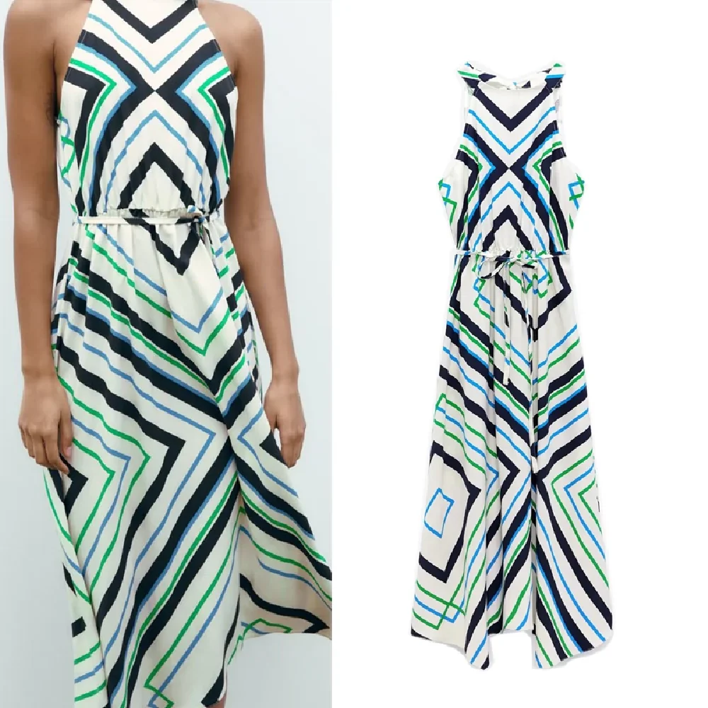 

COS LRIS European and American 2023 summer fashion new women's geometric pattern print halter neck collar dress 9878167