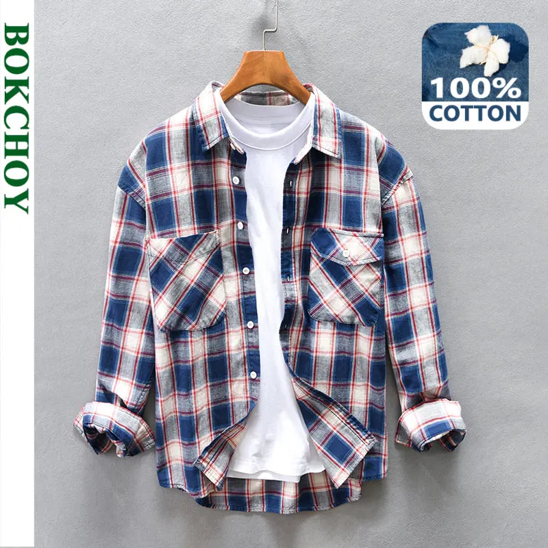 

2022 Autumn Winter New Men's Plaid Loose Shirt Multi-pocket Casual Cotton Drop-Shoulder Top AZ207