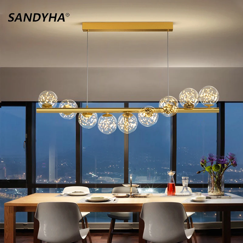 

SANDYHA Modern Glass Ball Gypsy Pendant Lamp Household Gold Strip Decorative Light Restaurant Kitchen Living Bedroom Chandelier