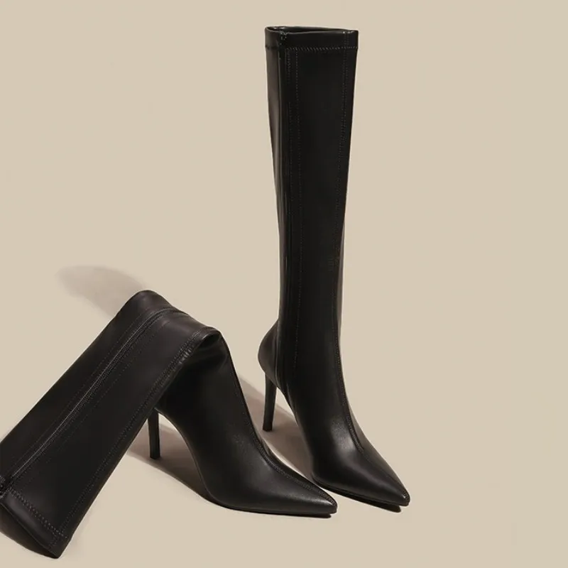 Женские сапоги Челси до колена пикантная обувь на высоком каблуке зимняя модная